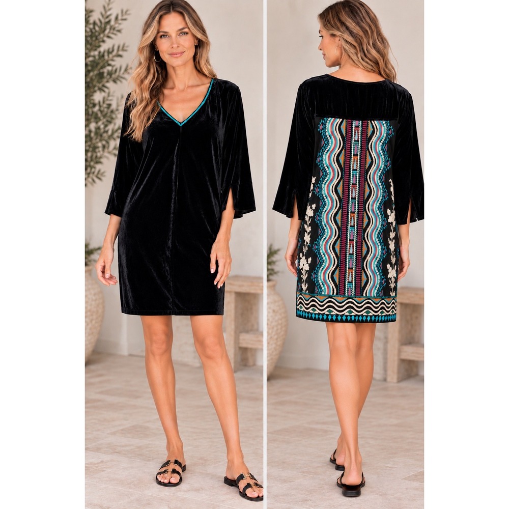 Johnny Was Black Velvet Embroidered Dress Silk Blend V-Neck J21017-8 M